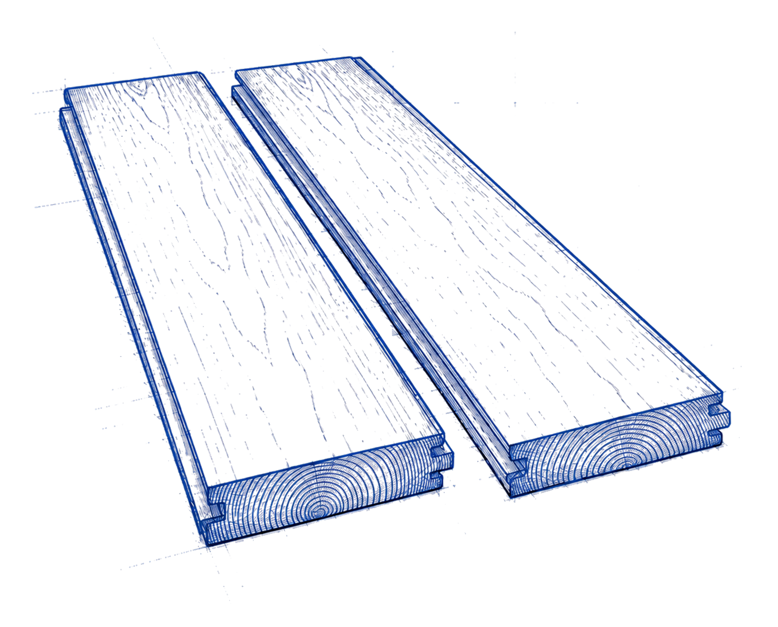 Blueprint drawing of two solid hardwood planks side by side, showing milled tongue-and-groove edges and end-grain growth rings