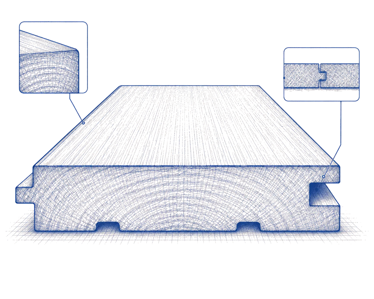 Blueprint cross-section of a solid hardwood plank: a single 3/4-inch board milled with tongue-and-groove edges, installed unfinished and sanded and finished on-site, with detail insets for the surface edge and the tongue-and-groove joint.