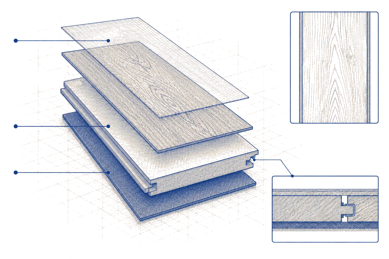 Stylized blueprint of waterproof LVP construction, exploded into its layers: a clear wear layer, a printed decorative visual layer, a rigid waterproof core, and an attached pad, with detail insets for the surface texture and the locking edge.