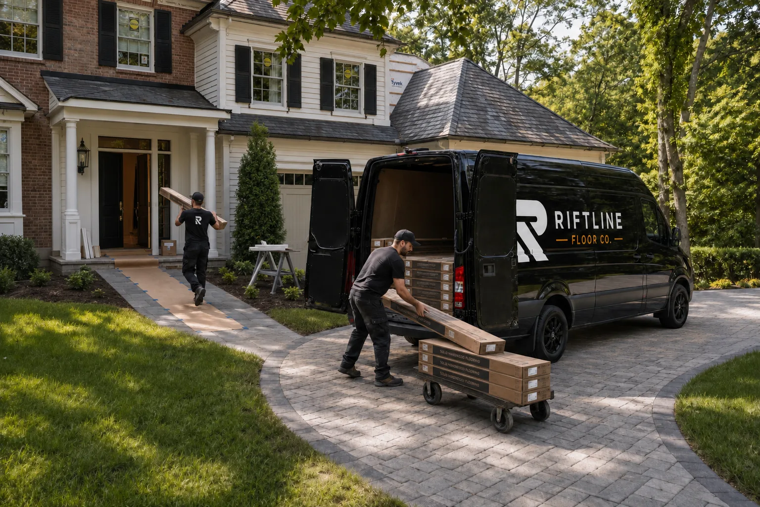 Riftline Floor Co. crew unloading hardwood flooring cartons from the van and carrying planks into a brick colonial home