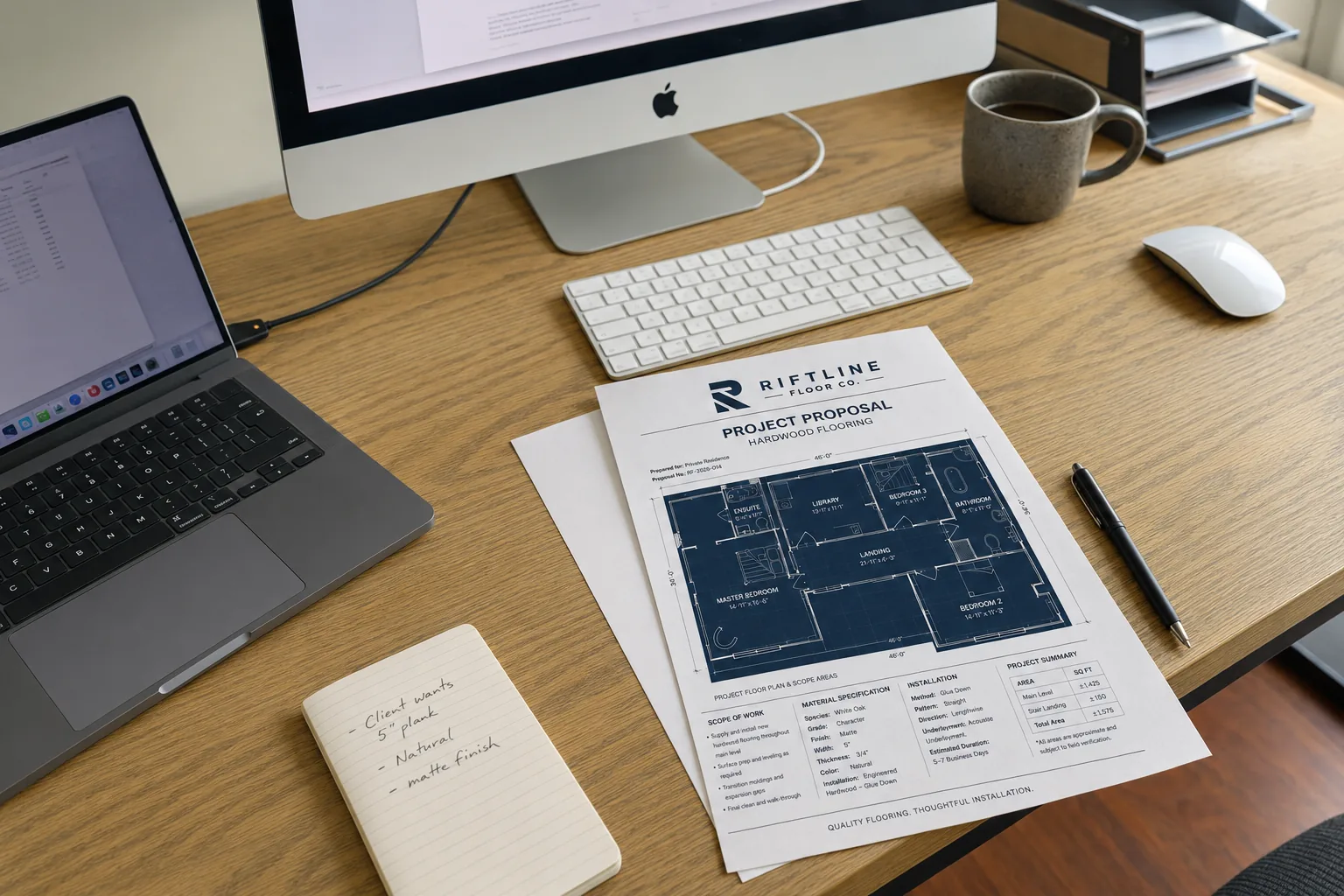 Riftline Floor Co. hardwood flooring project proposal with floor plan and material specifications on an office desk