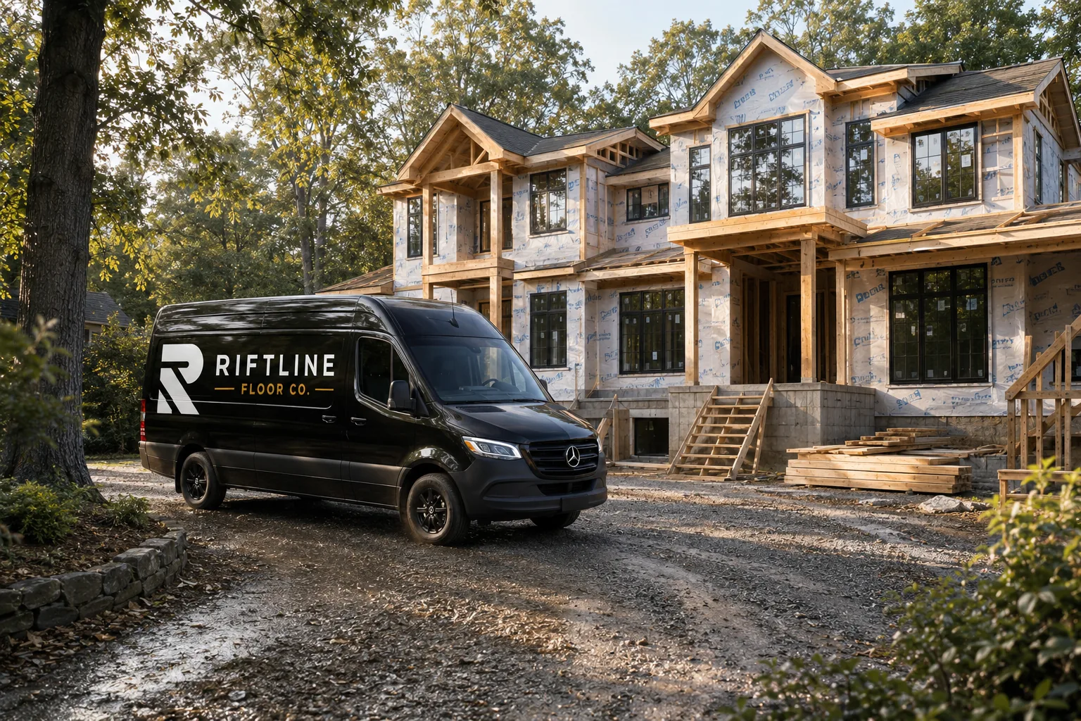 Riftline Floor Co. van parked on a gravel drive at a framed custom home build wrapped in house wrap