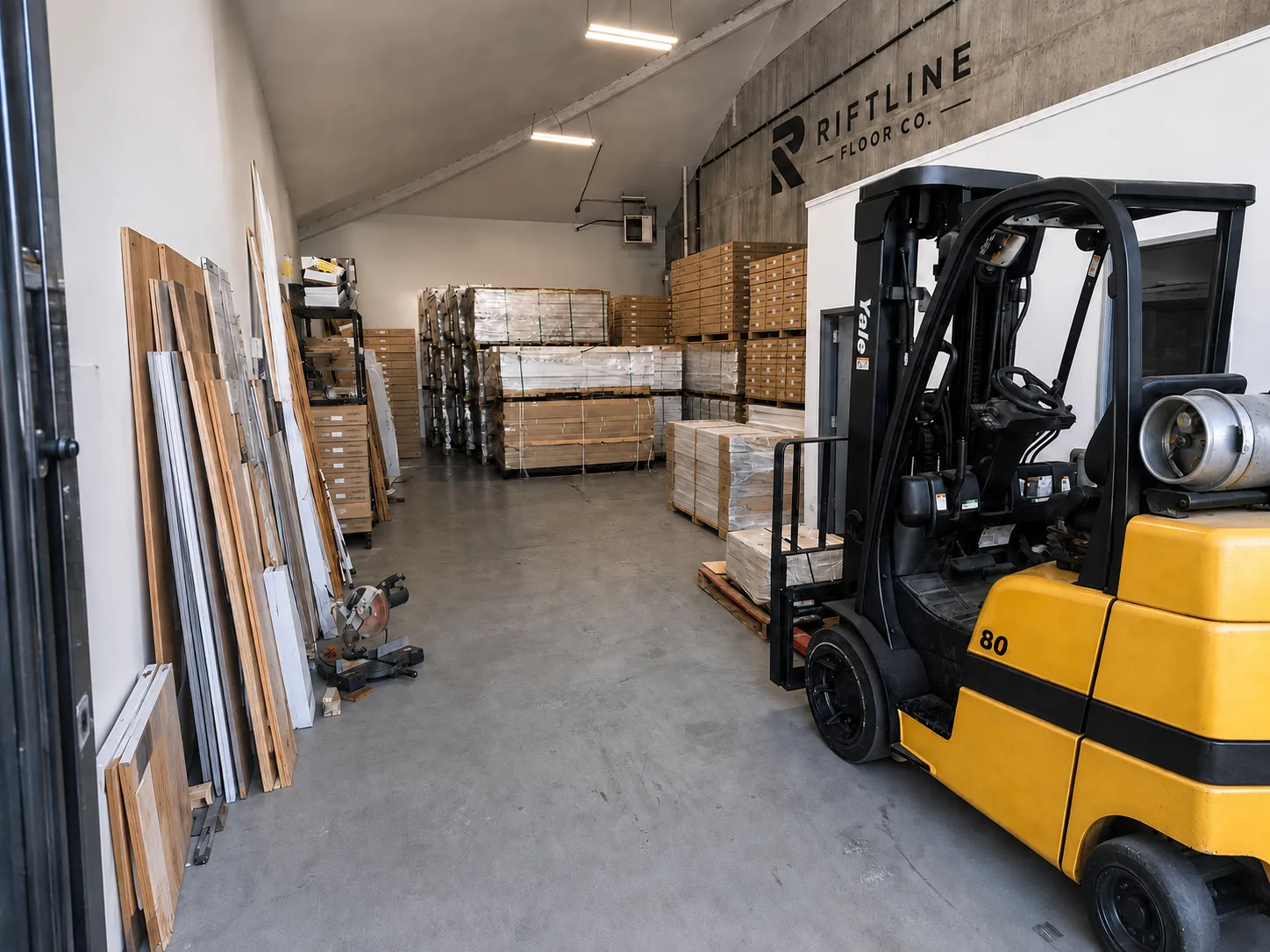 Riftline Floor Co. warehouse interior with a yellow forklift and pallets of boxed hardwood flooring inventory