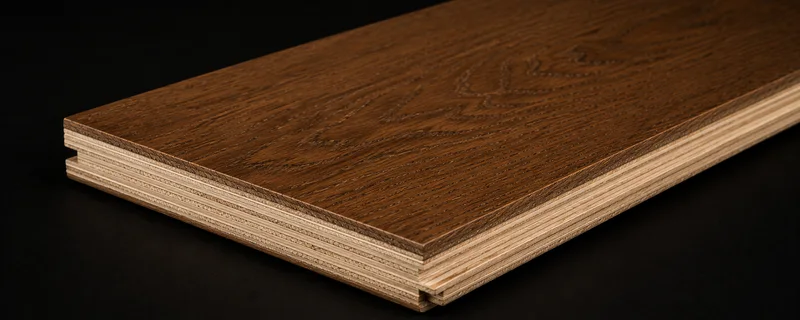 Engineered hardwood cross-section showing plywood core layers