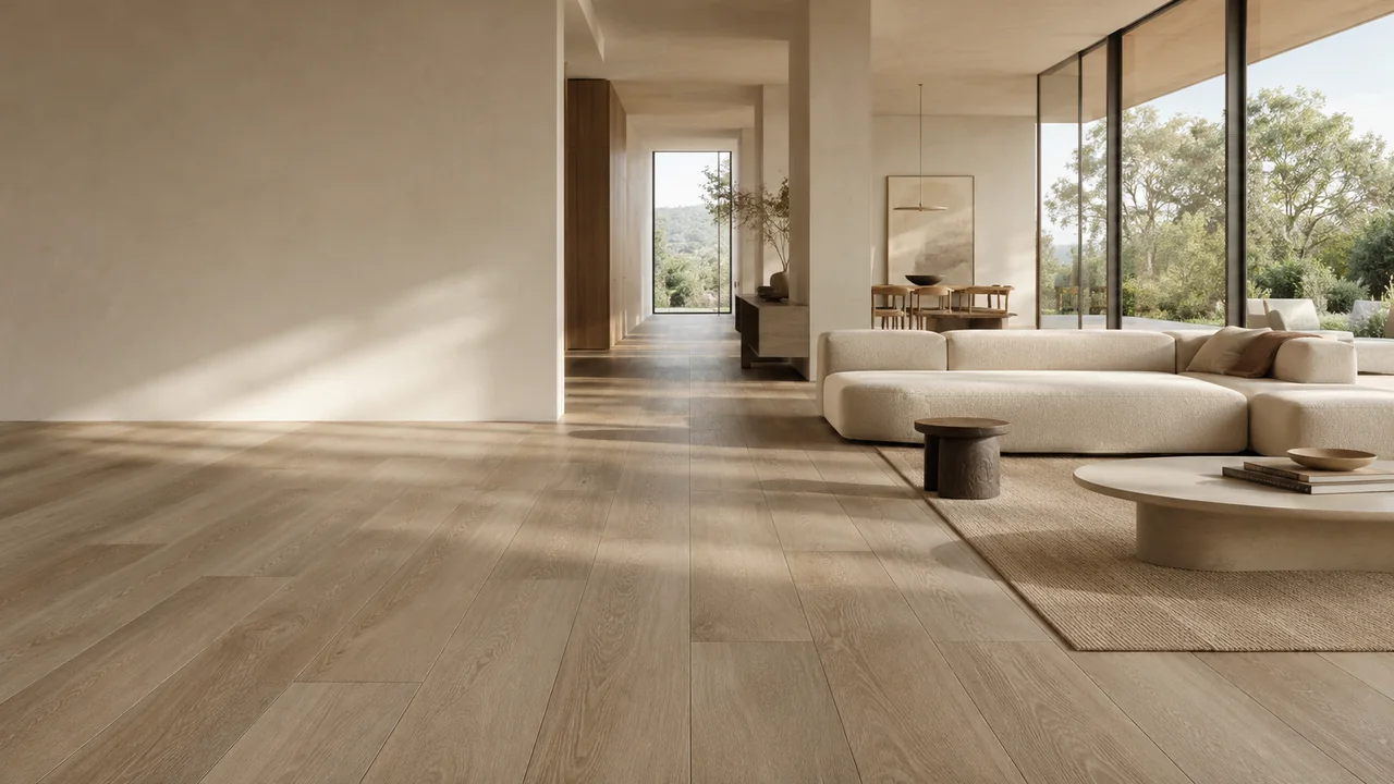 Sunlit luxury living room with wide greige-oak Gold Select Elite plank flooring