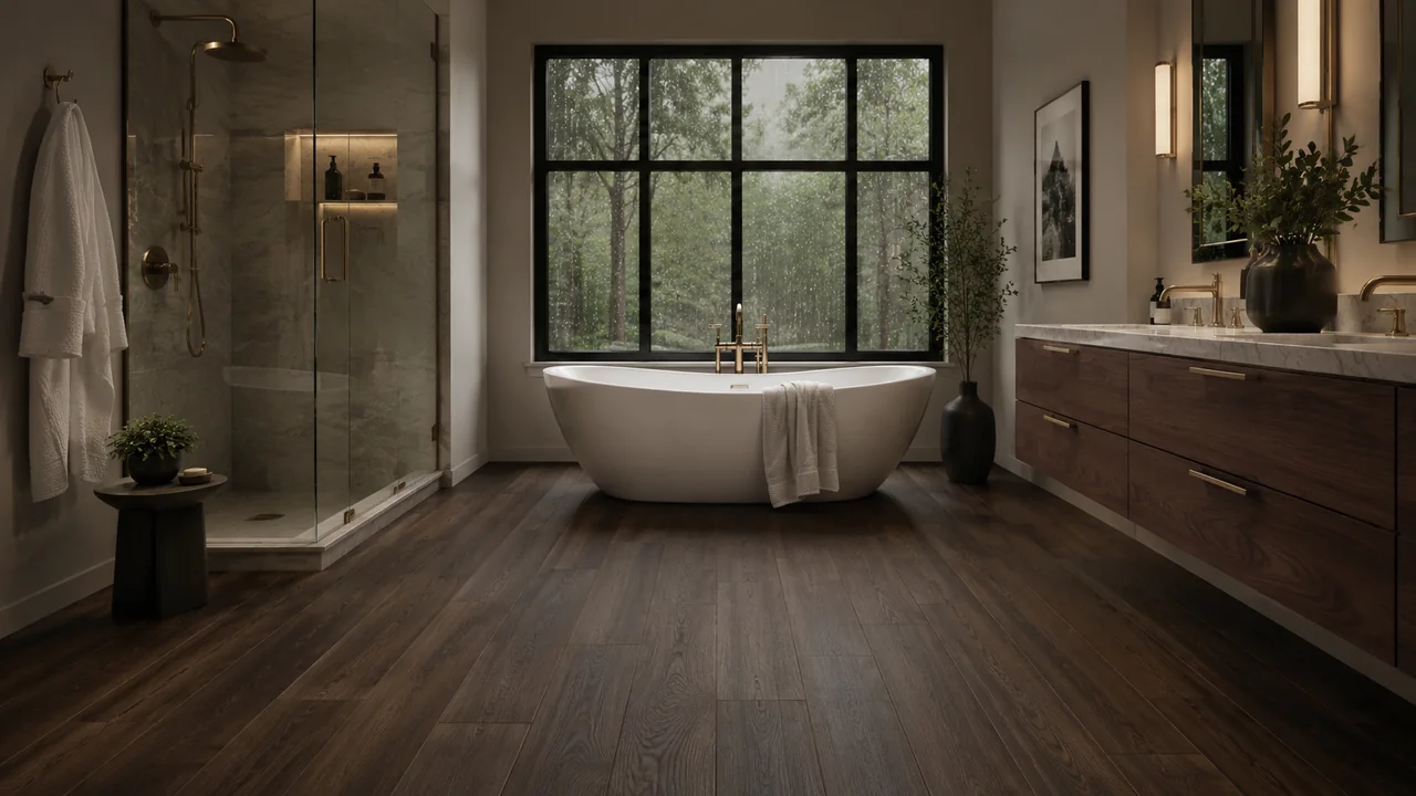 Primary bathroom with freestanding tub and dark Espresso Walnut Elite plank flooring
