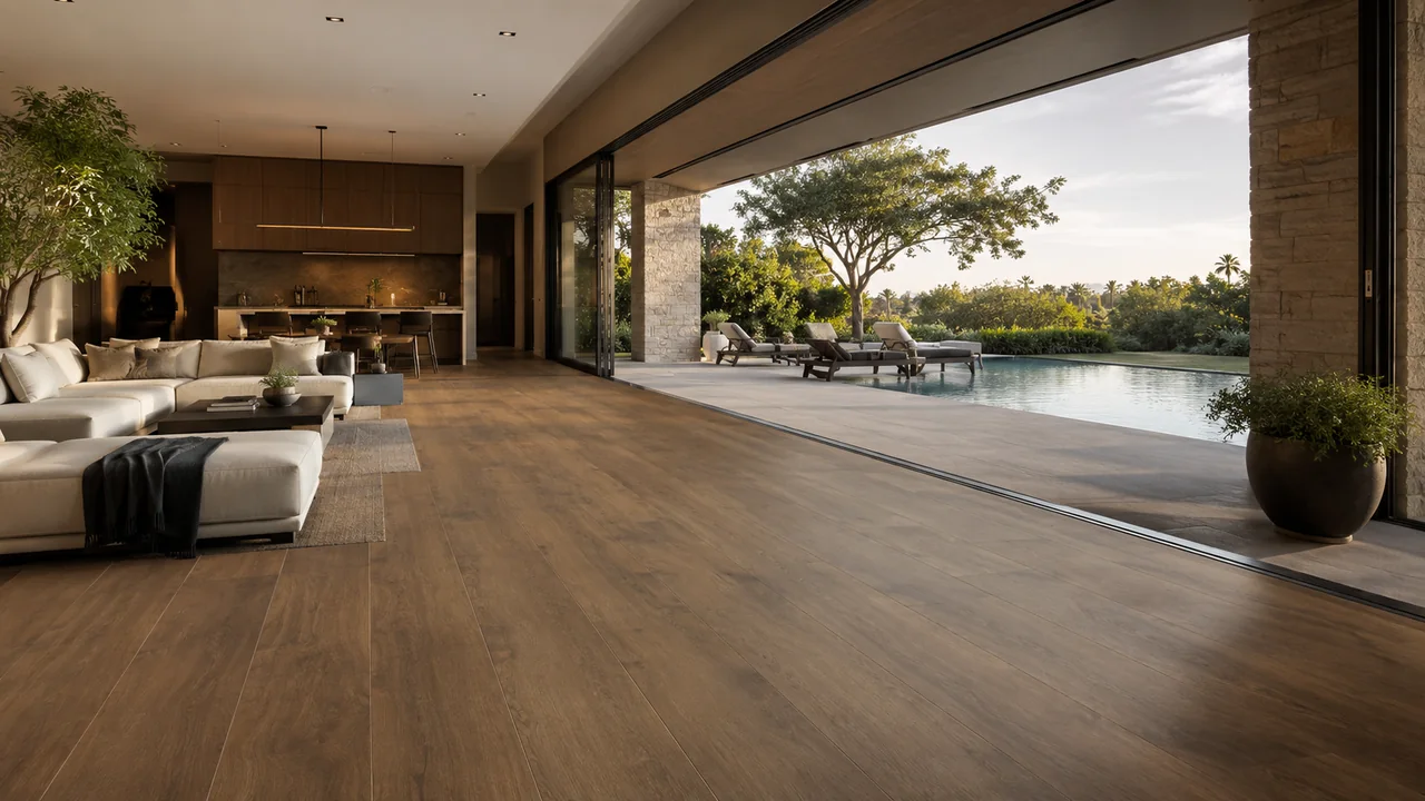 Bourbon Oak Gold Select Elite flooring running from a luxury great room to a covered patio and pool