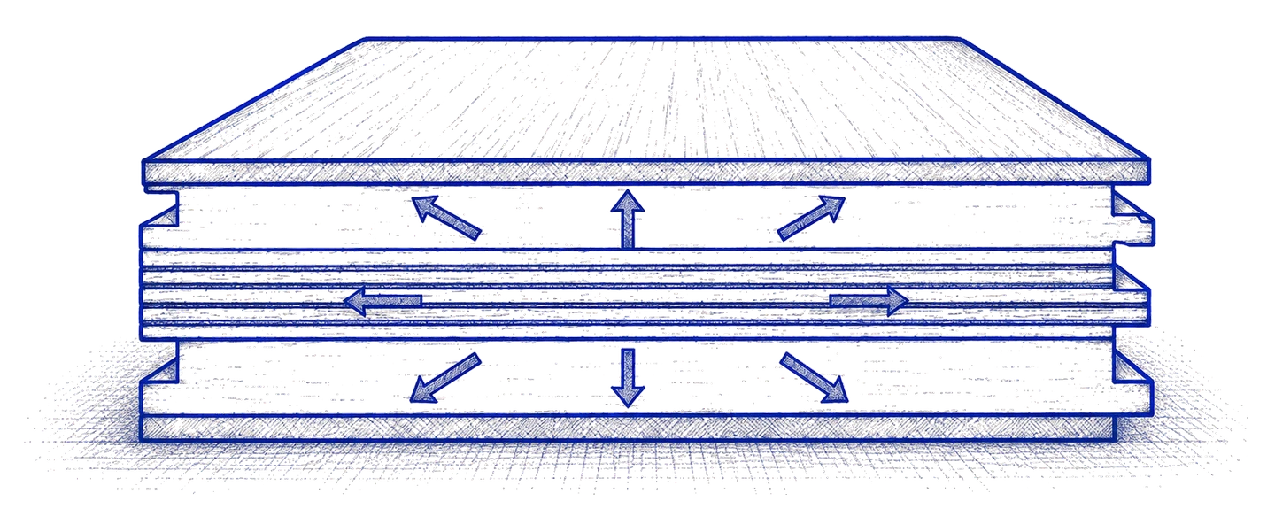 Blueprint cutaway of an engineered plank with arrows showing each ply running perpendicular to the one below