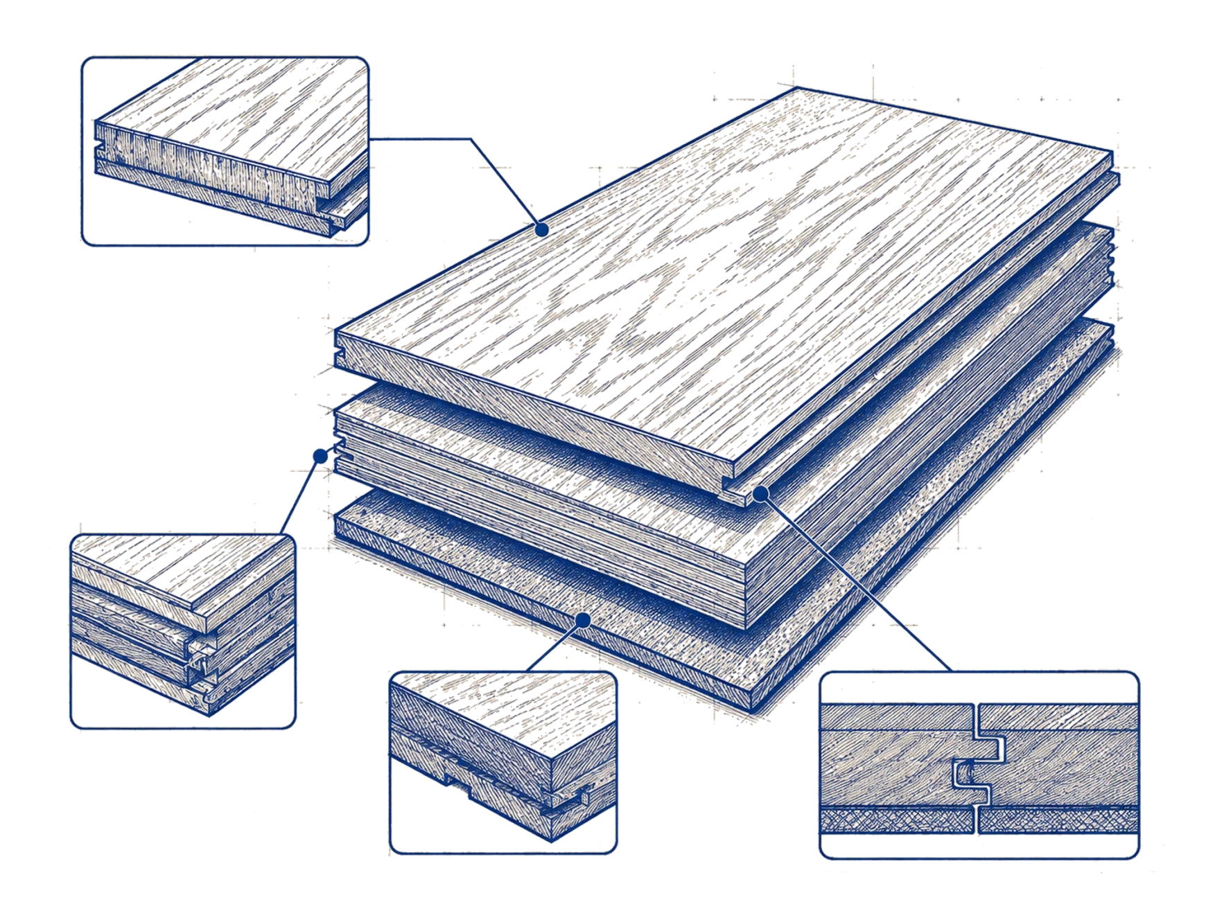 Blueprint exploded view of engineered hardwood: a real-wood wear layer above cross-grain core plies and a balancing backing, with detail insets for the wear layer, the layered core, the backing, and the tongue-and-groove joint.