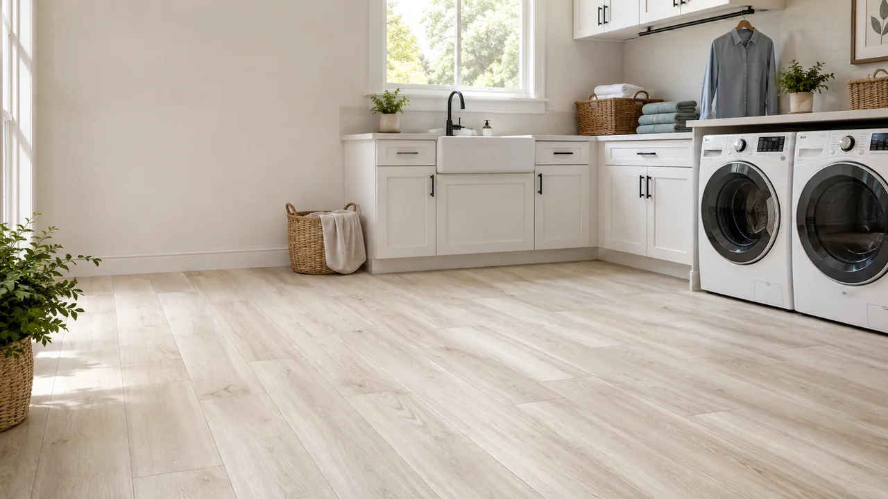 Bright laundry room with farmhouse sink and pale Coastal Driftwood Gold Select Essentials flooring