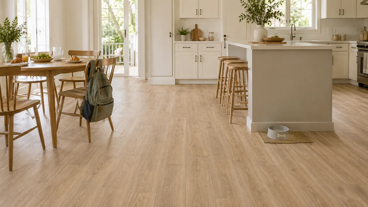 Family kitchen and dining space with light-oak Gold Select Essentials flooring
