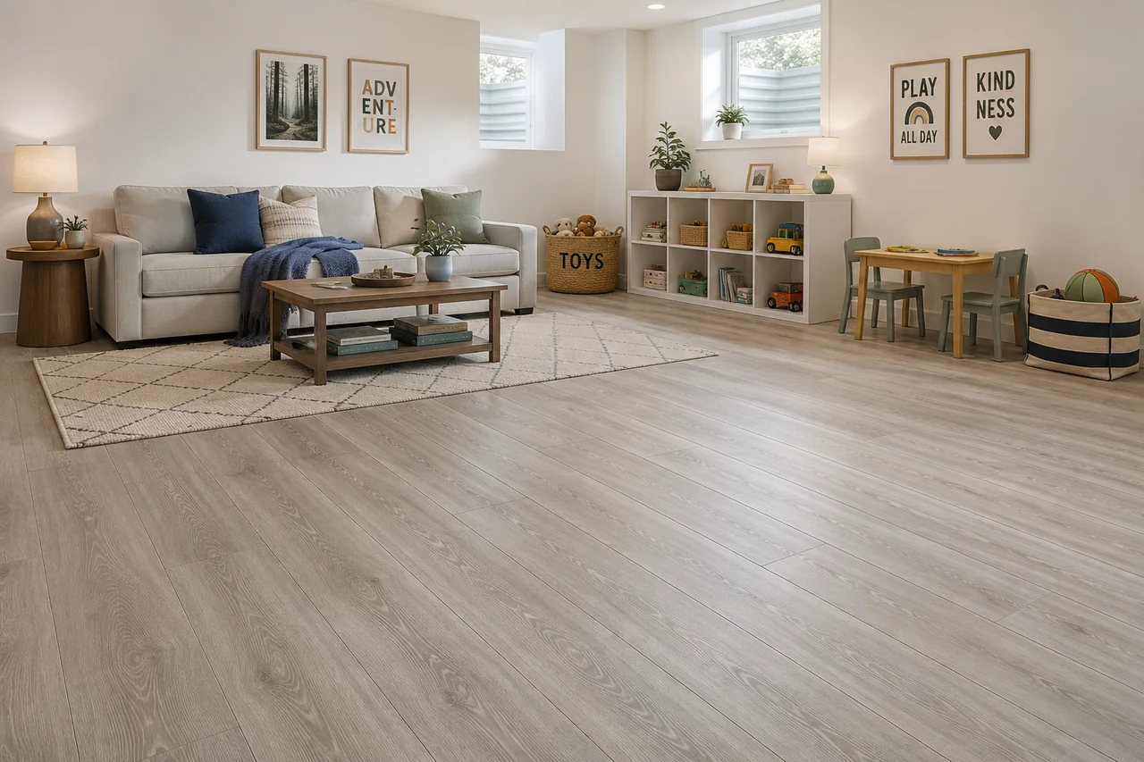Bright basement family and play room with soft grey Gold Select Essentials flooring