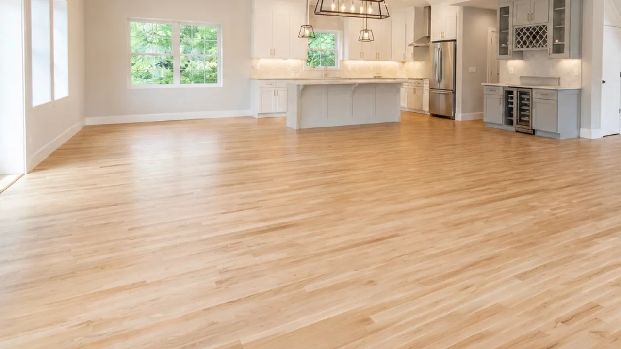 Pale hardwood running through an open main level toward a white kitchen