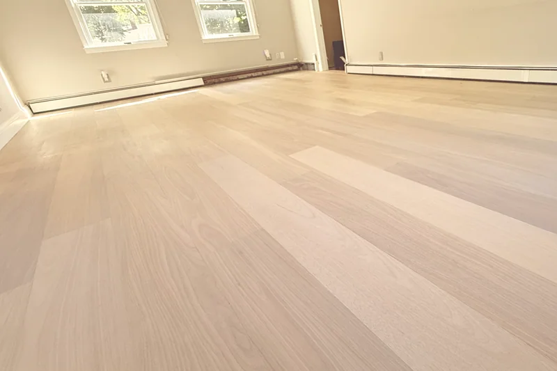 Pale wide-plank hardwood running the length of an empty room with two windows