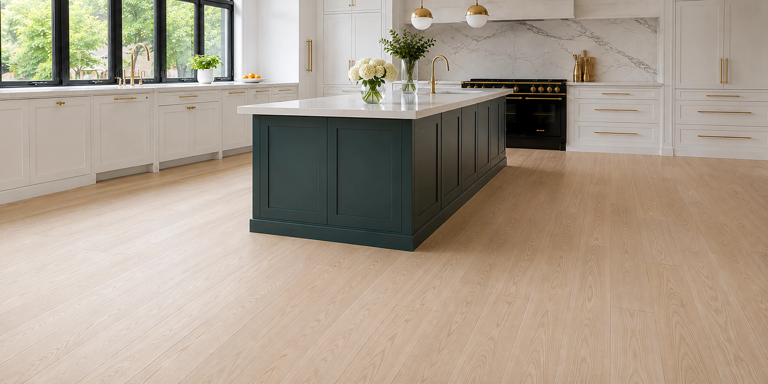 Freshly site-finished European ash floor in a luxury kitchen