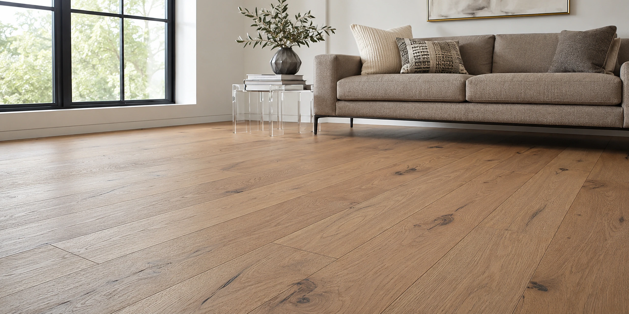 Prefinished solid oak floor in a sunlit, furnished living room