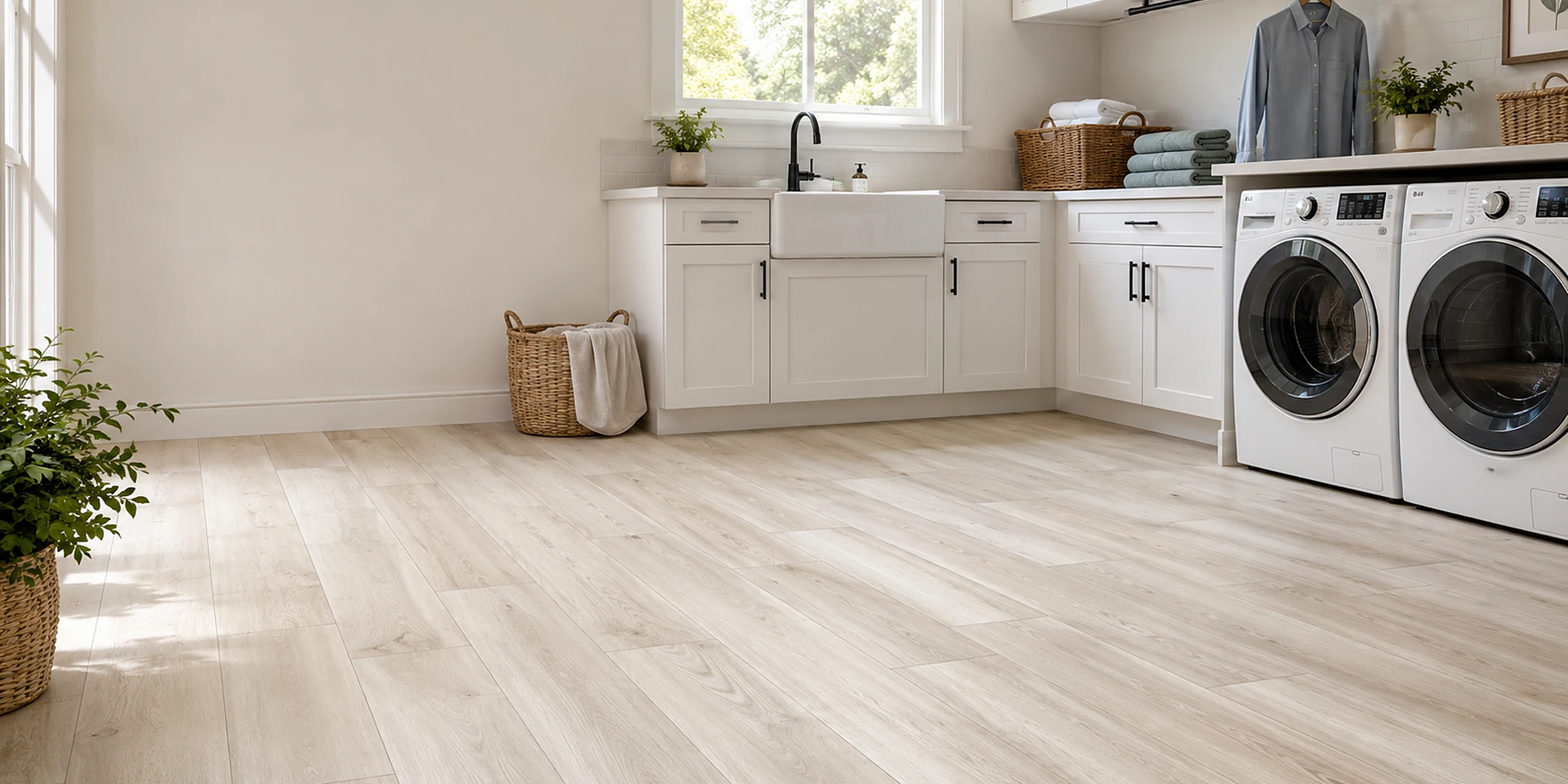 Wood-look waterproof plank flooring in a bright farmhouse laundry room