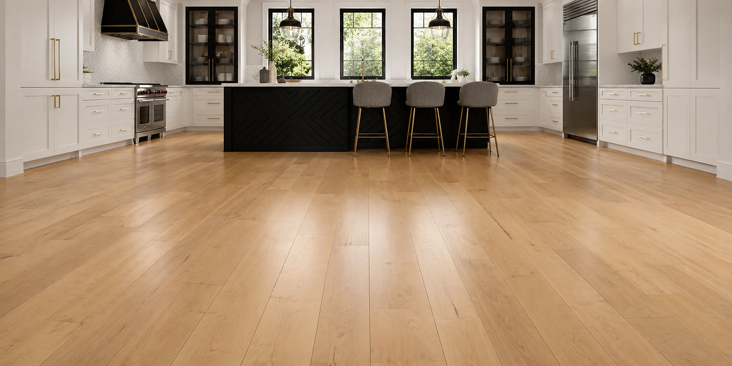 Wide-plank engineered hardwood in a modern kitchen