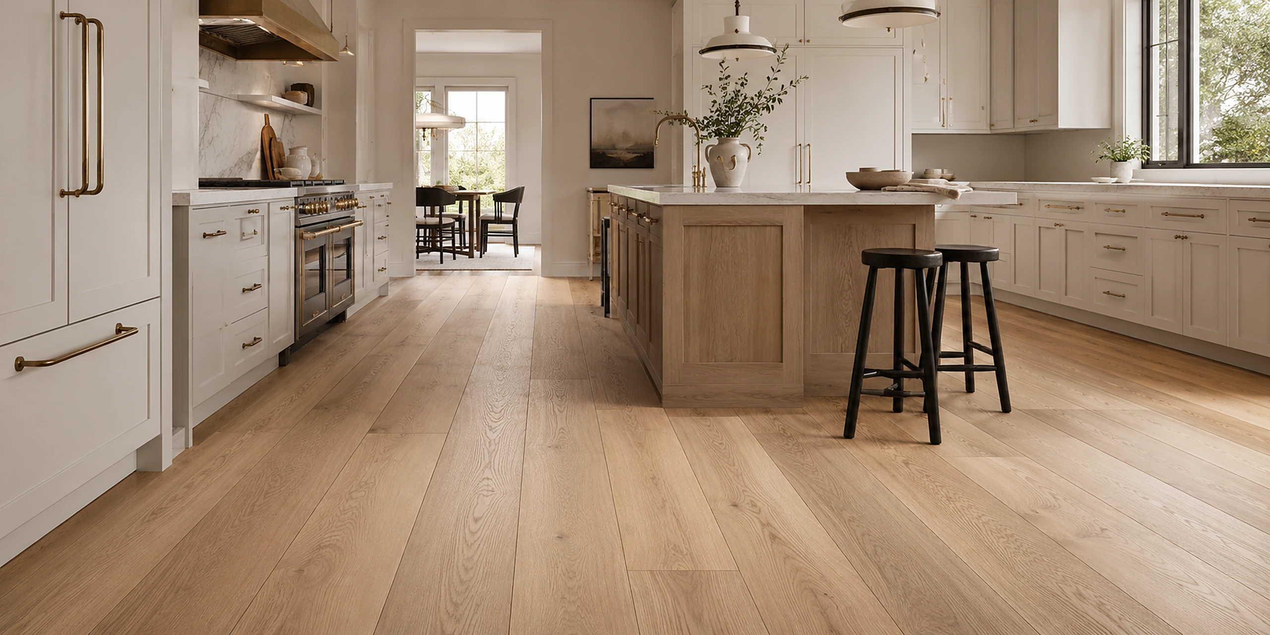 Wide-plank white oak engineered floor in a sunlit open-plan kitchen