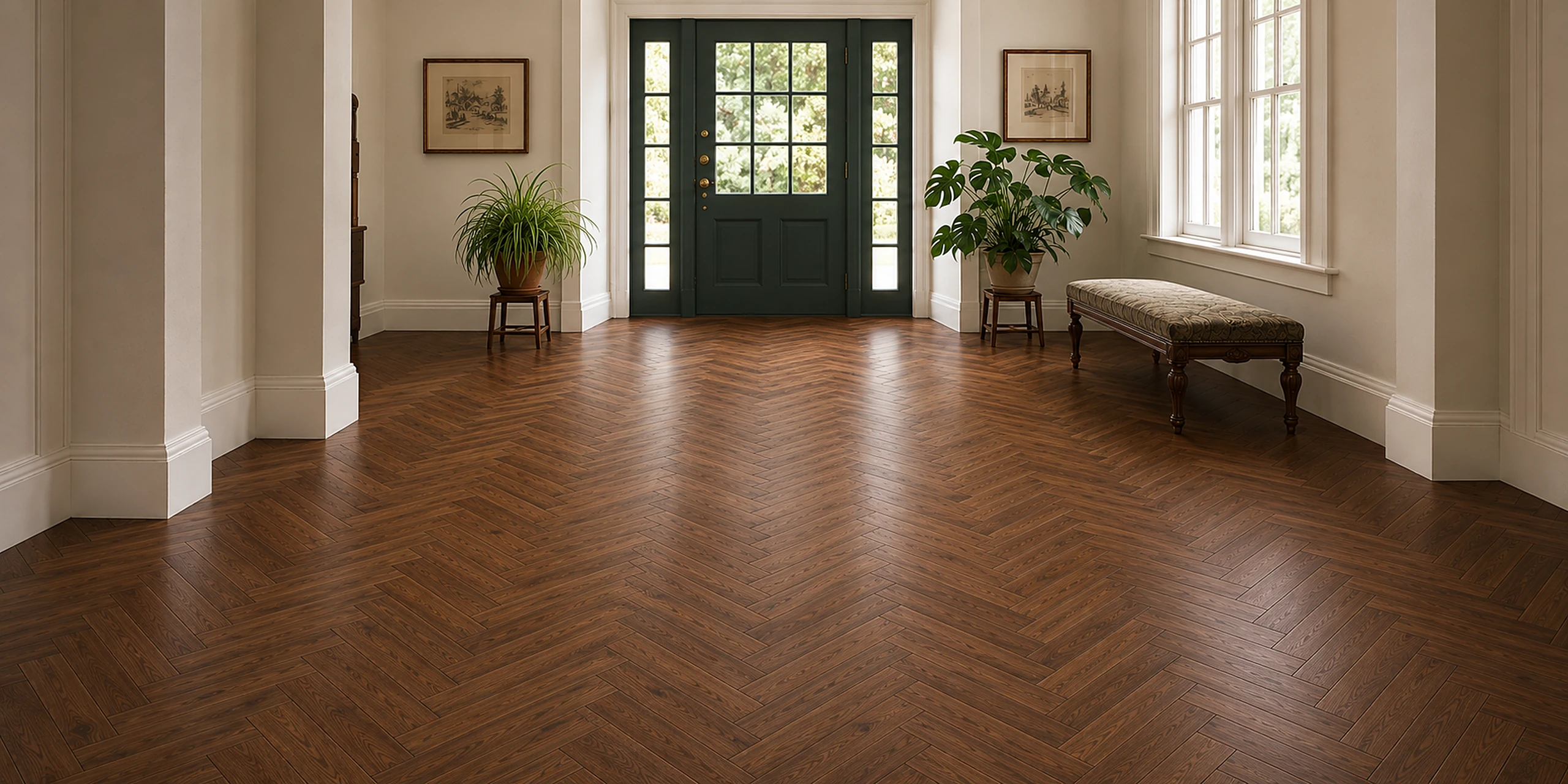 Custom site-finished American walnut herringbone floor in a classic entryway