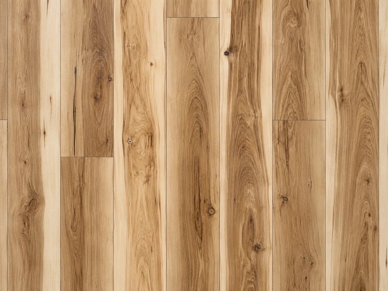 Flat-lay of high-variation hickory-look luxury vinyl planks