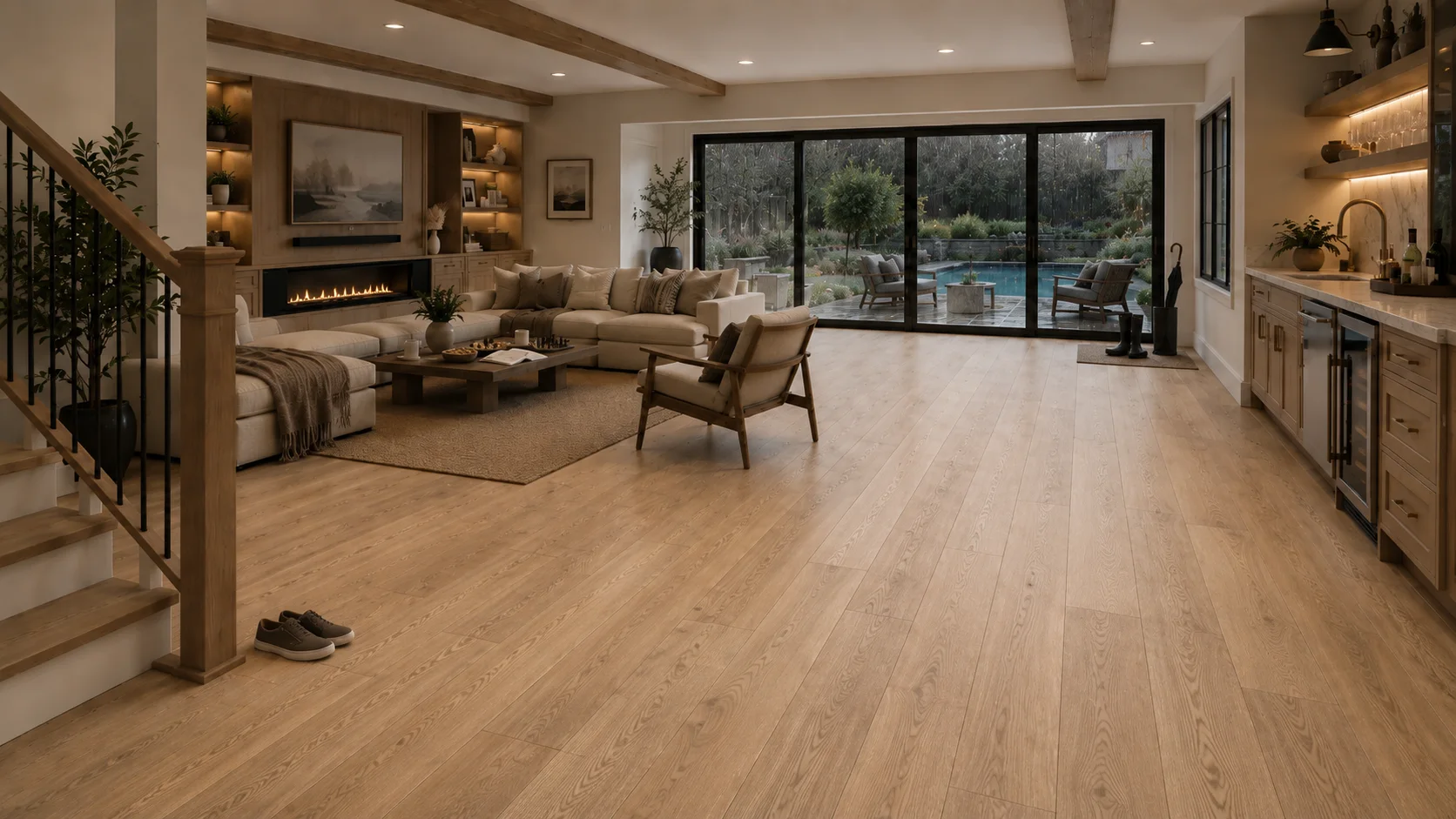 Bright family living room with pool view and wide-plank pale-oak waterproof LVP flooring