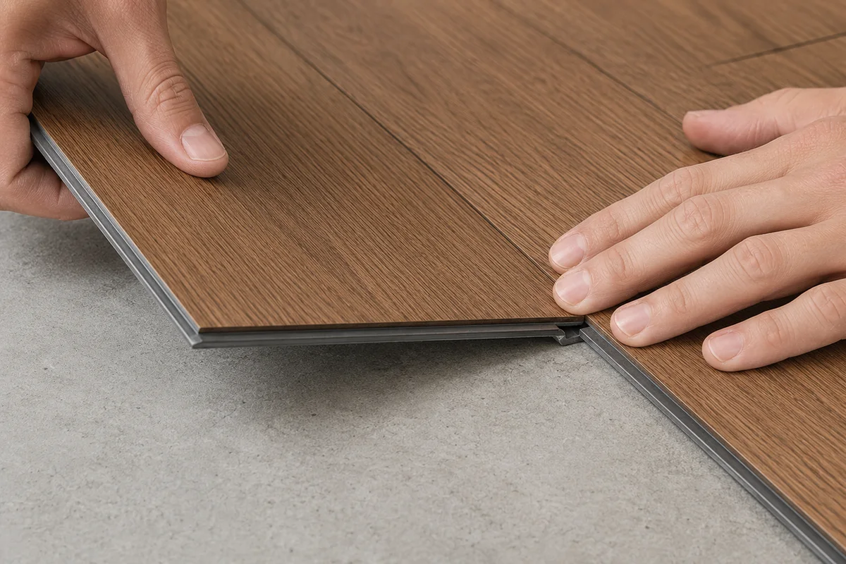 Floating plank being angled into the locking edge of the previous row over an underlayment pad