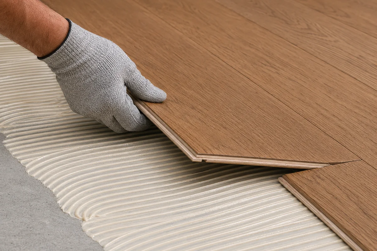 Engineered hardwood plank being set into troweled adhesive ridges over a concrete slab