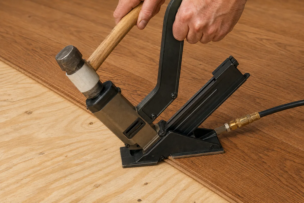 Solid hardwood plank being blind-nailed through the tongue into a plywood subfloor