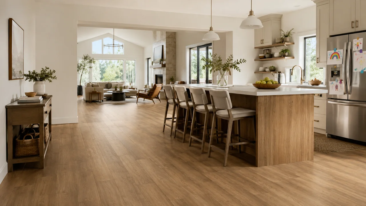Busy family kitchen and great room with warm Toffee Oak Gold Select Pro plank flooring