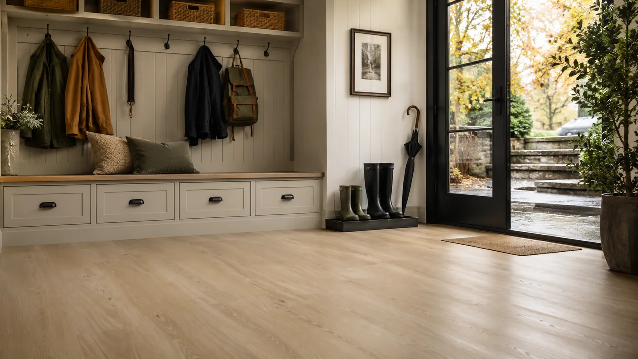 Hardworking mudroom with bench, hooks, and Dusted Oak Gold Select Pro flooring
