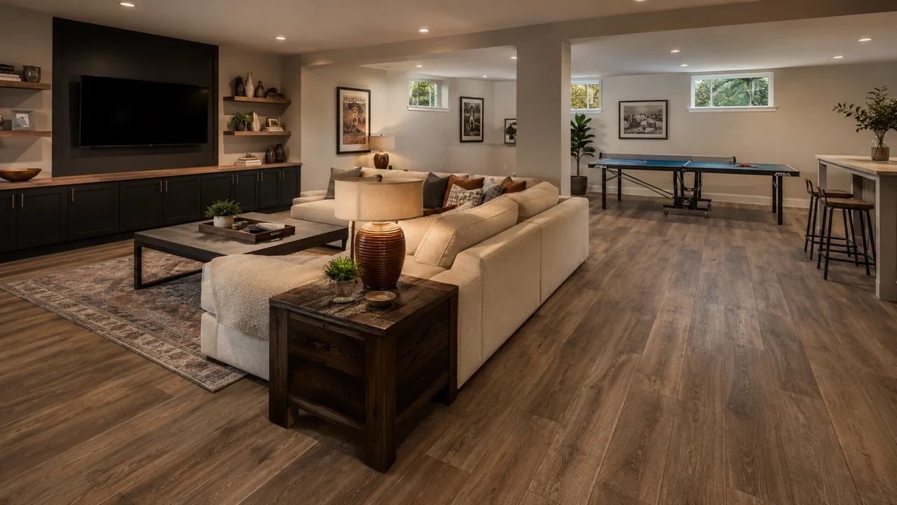 Finished basement media room with rustic Barnwood Oak Gold Select Pro flooring