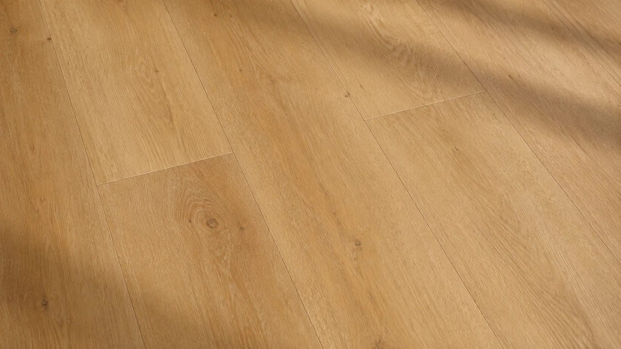 Medium close-up of warm natural-oak Gold Select Pro planks with realistic grain