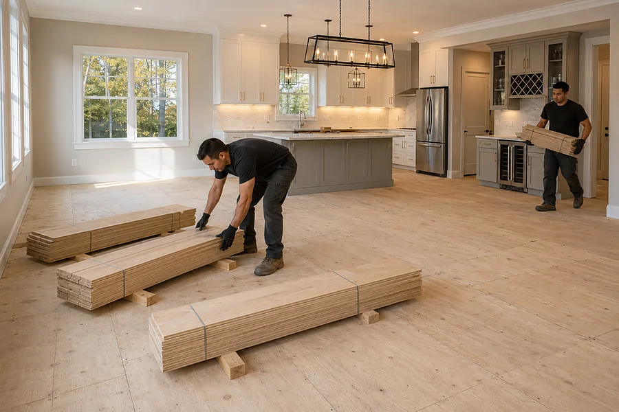 Bundled raw planks acclimating in an unfinished room