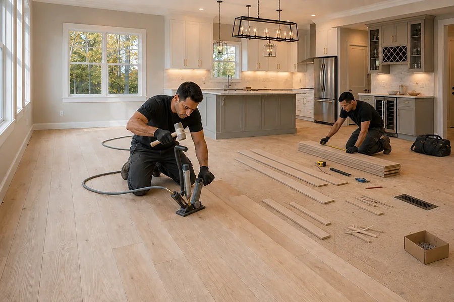Installer seating an unfinished plank with mallet and tapping block