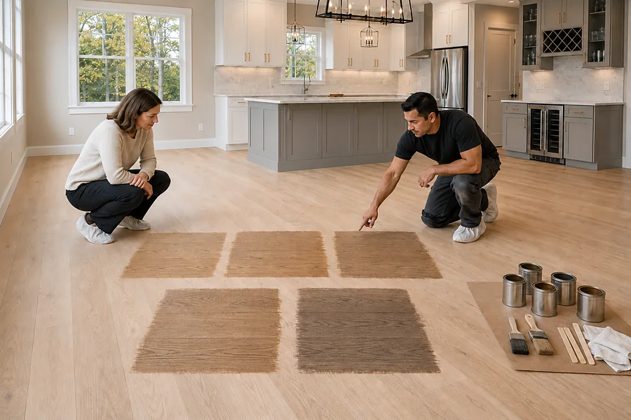 Stain sample squares tested on the bare floor