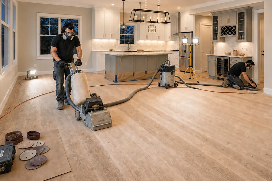 Crew sanding a raw hardwood floor
