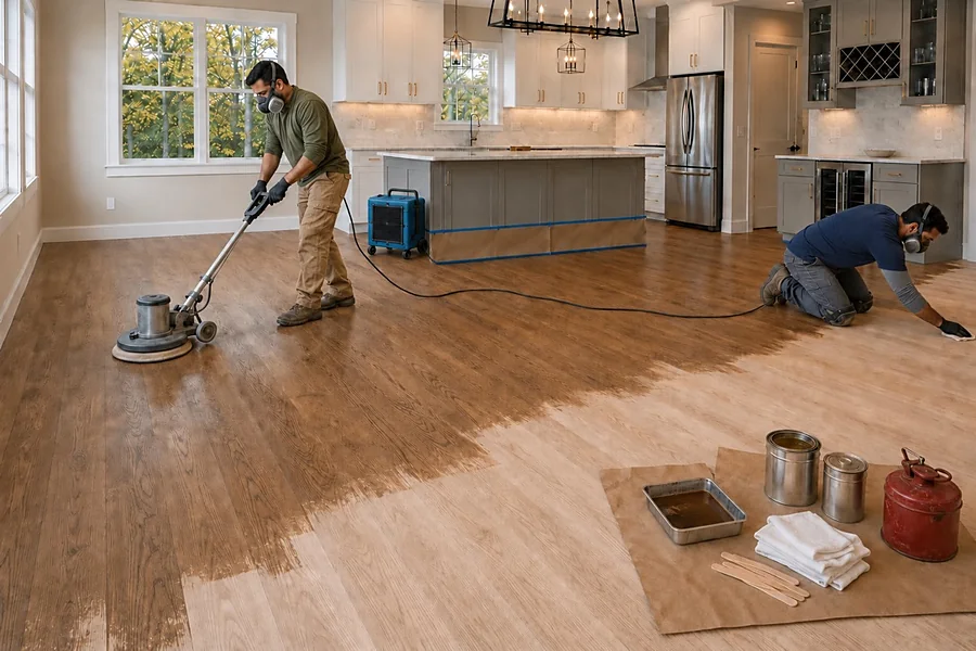 Finisher hand-applying stain to the floor