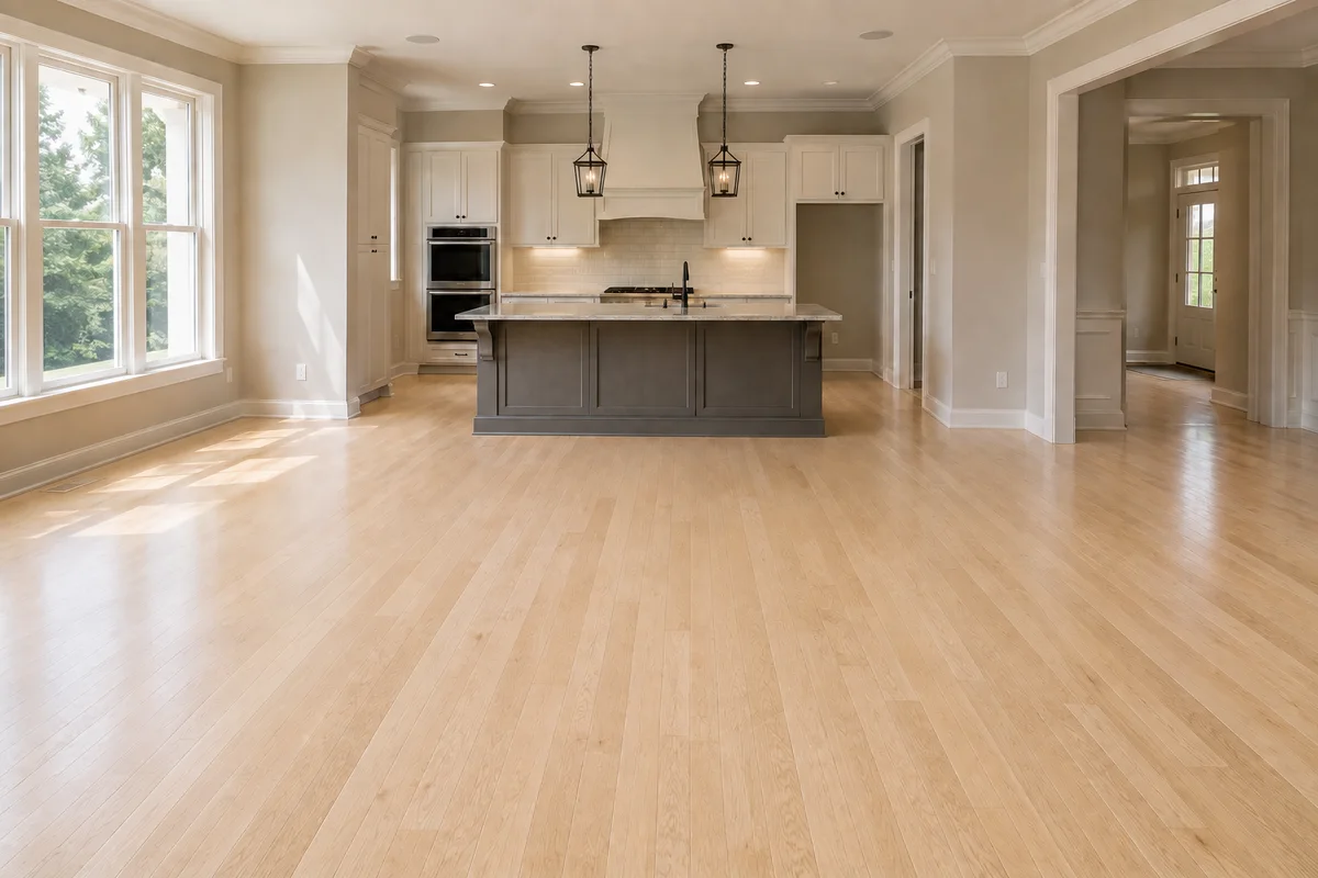 The same room restored: an even, clean hardwood floor with a soft satin sheen and no trace of the old finish