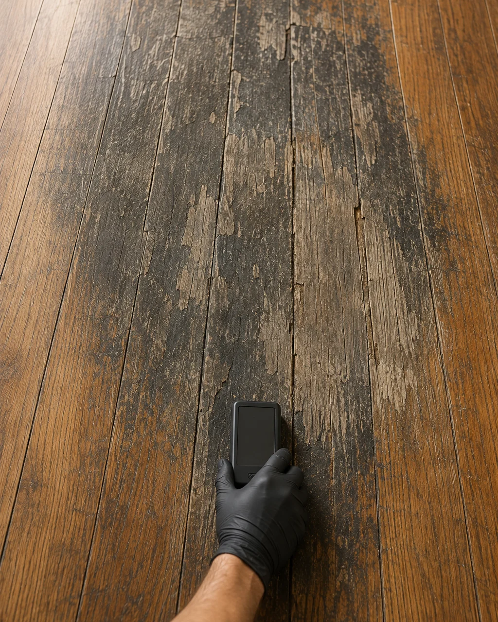 A hardwood floor in poor condition: deep black staining soaked into the boards, cupped and raised board edges, and an area where the finish has failed entirely. A gloved hand holds a moisture meter against the damage.