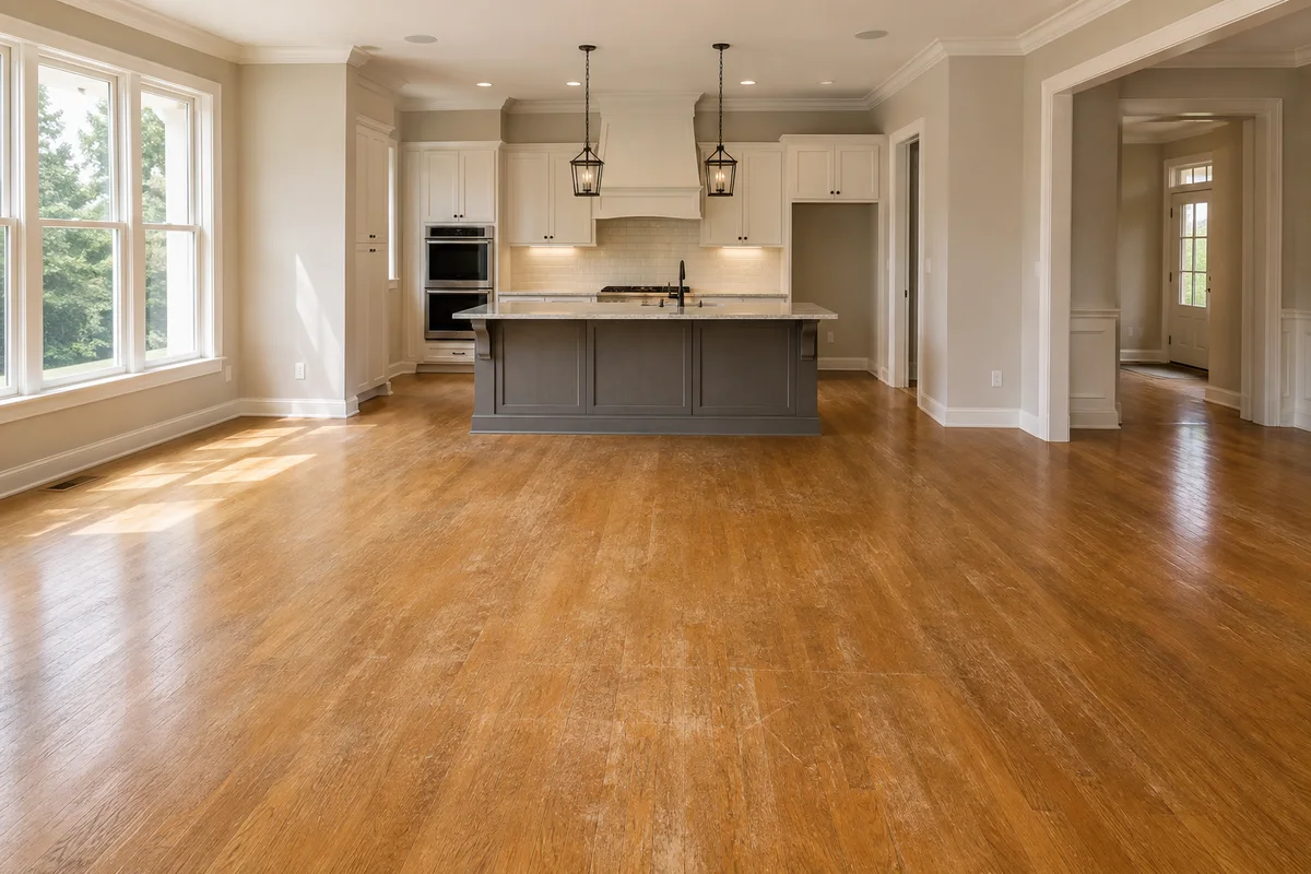 An open-plan kitchen with a tired amber-oak floor: dulled finish, worn traffic lanes and visible surface scratching