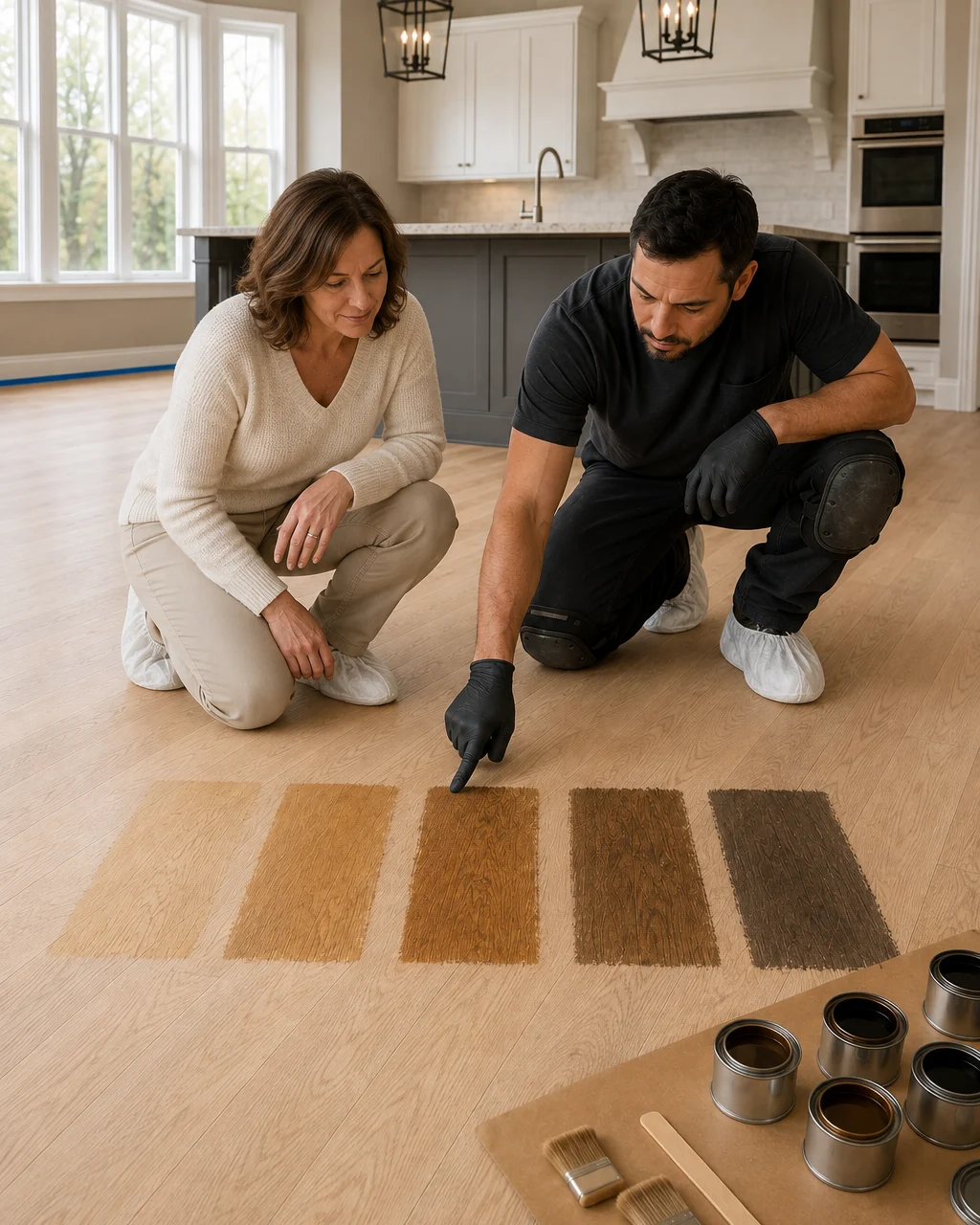 Homeowner and Riftline crew member crouched over five stain samples applied directly to the prepared floor, with cans and brushes laid out on paper alongside