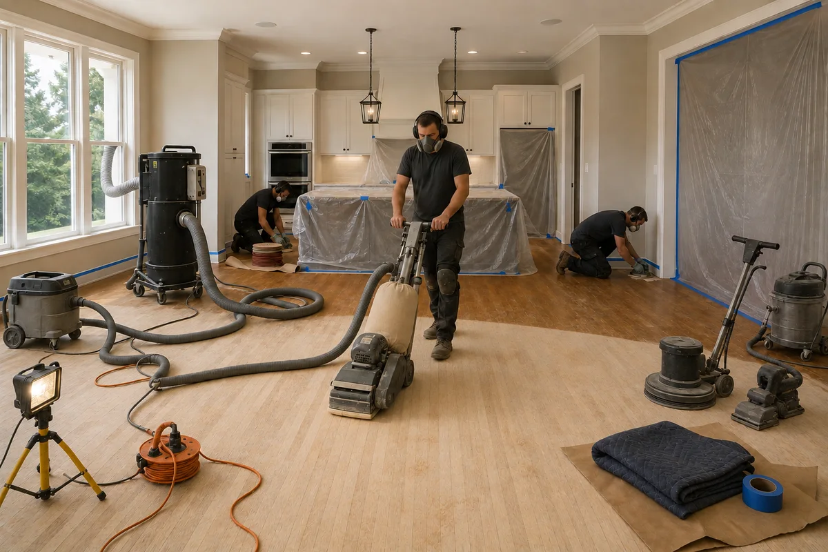 The same room mid-restoration: a crew member running a dust-extracted drum sander, cabinets sheeted in plastic, half the floor already cut back to bare wood