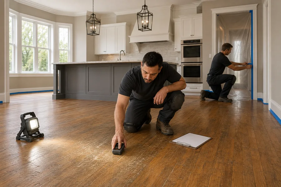 Crew member kneeling with a clipboard and a moisture meter beside stacked planks in an empty kitchen