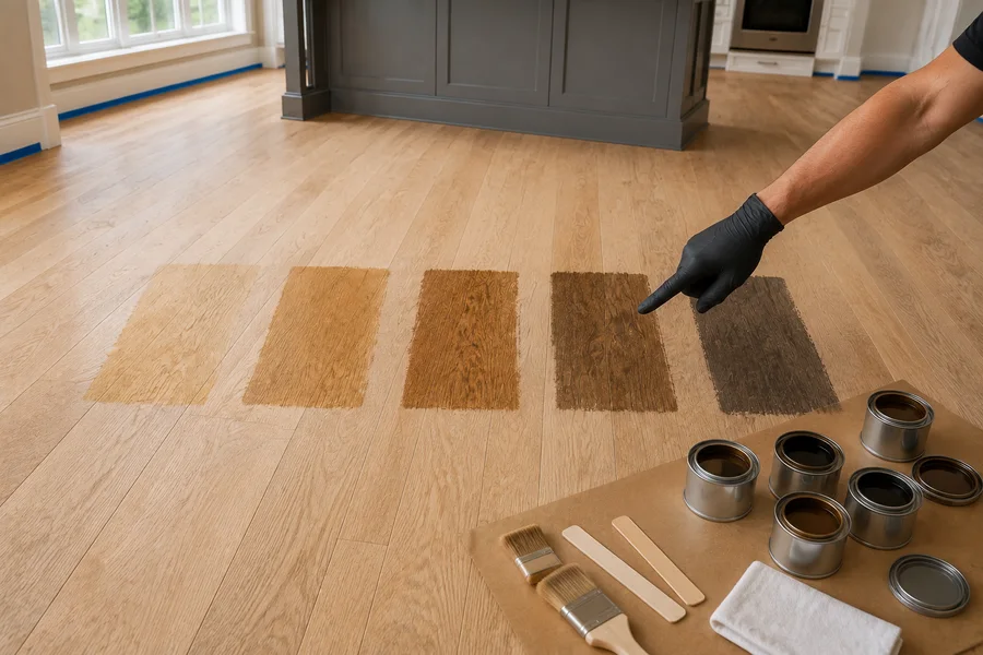 Five stain samples brushed directly onto the sanded floor, ranging from pale natural to deep grey-brown
