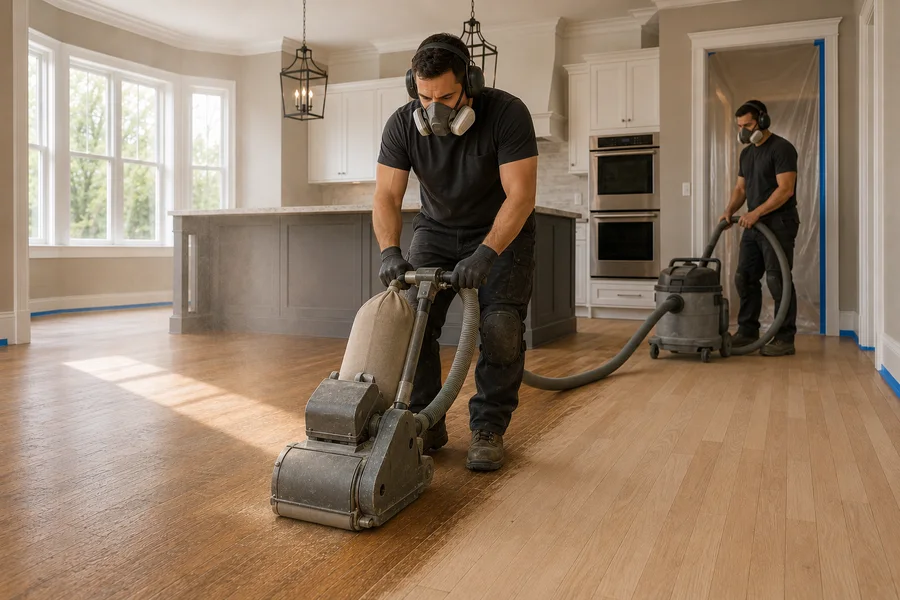 Operator in a respirator running a dust-extracted drum sander across bare oak boards
