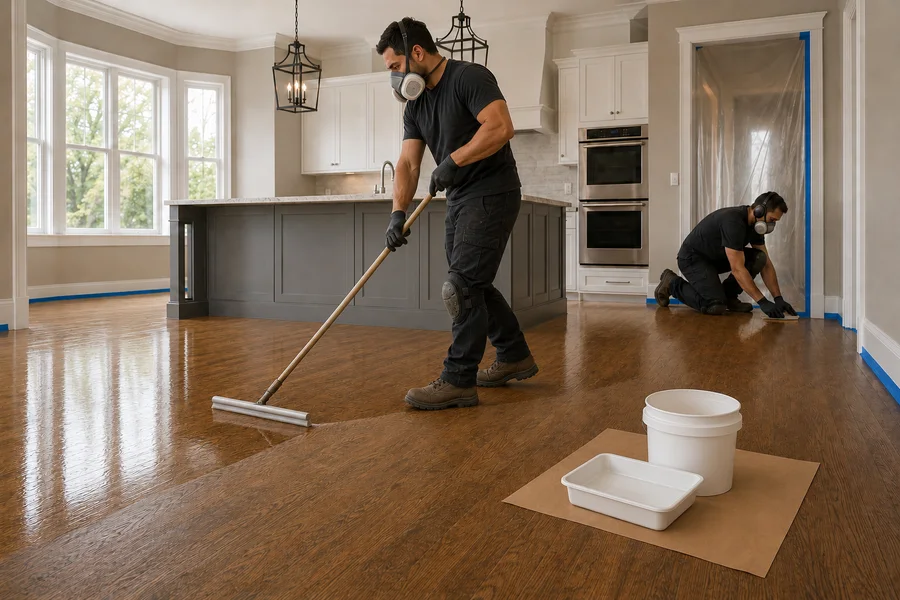 Finish coat being pulled across the stained floor with a wide applicator, leaving an even wet sheen