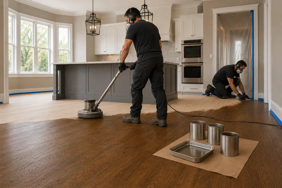 Buffer working stain evenly into the grain, with the stained area meeting bare wood mid-floor