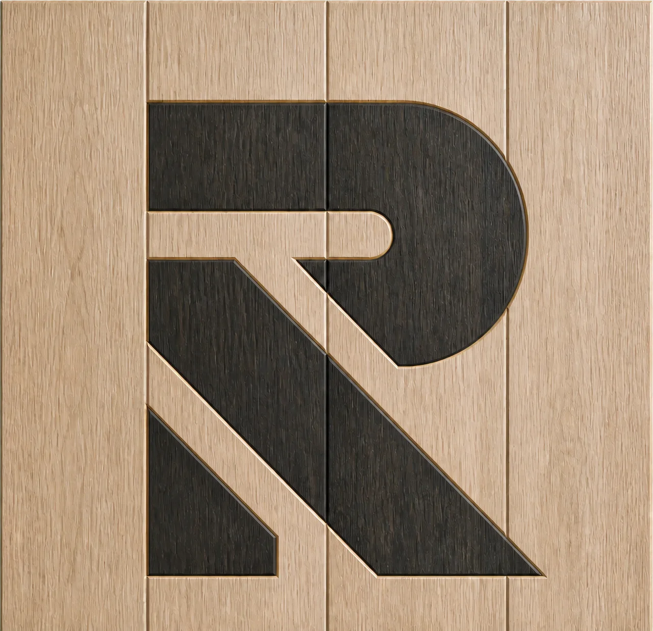 The Riftline R monogram inlaid in dark wood across a panel of four oak planks