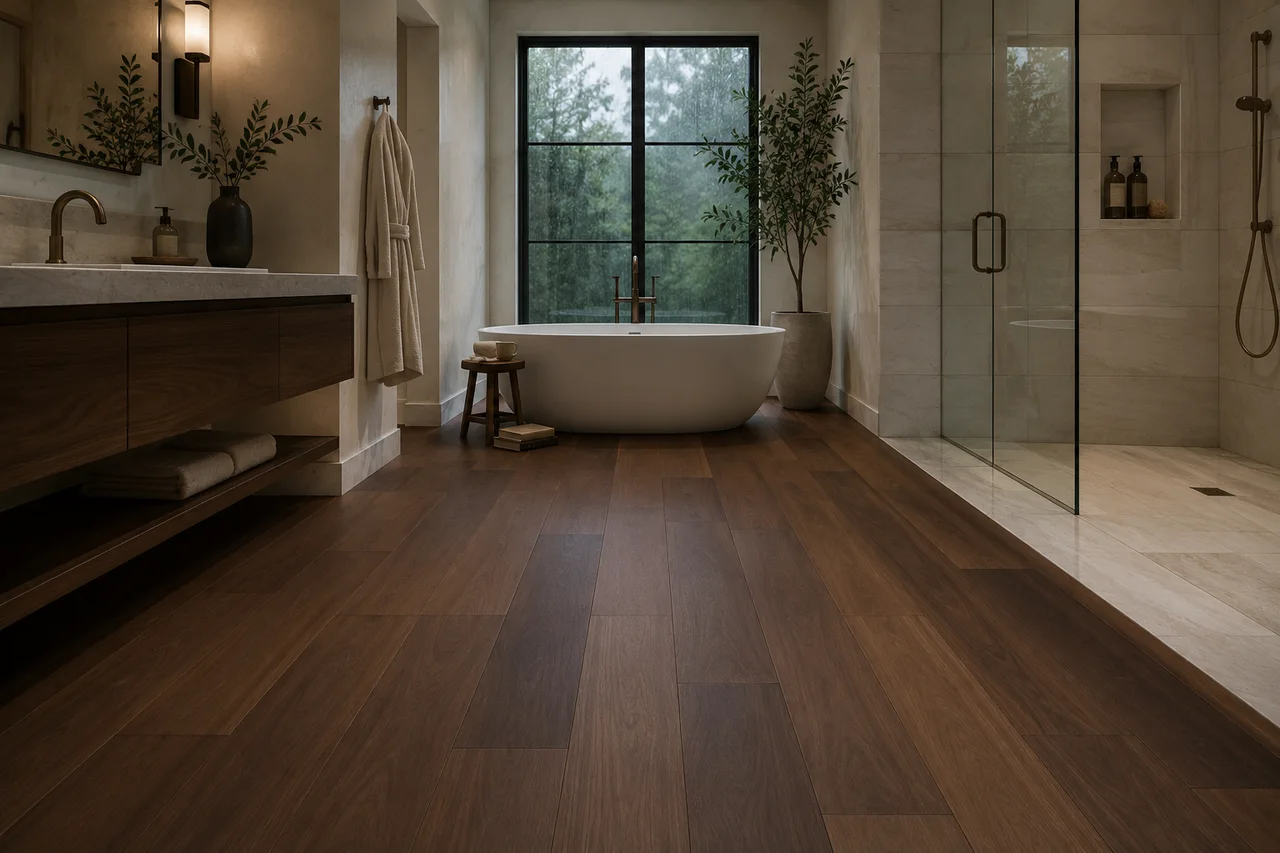 Spa-like bathroom with freestanding tub and dark walnut-look waterproof LVP flooring